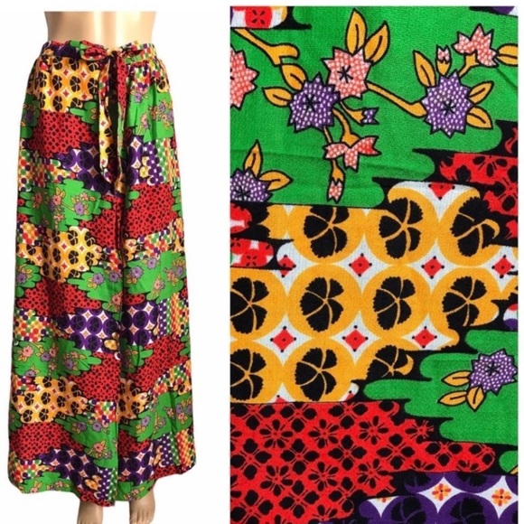 VINTAGE 70S PATCHWORK WRAP MAXI SKIRT TRIPPY COLORFUL PATTERN FLORAL GEOMETRIC - Picture 1 of 11